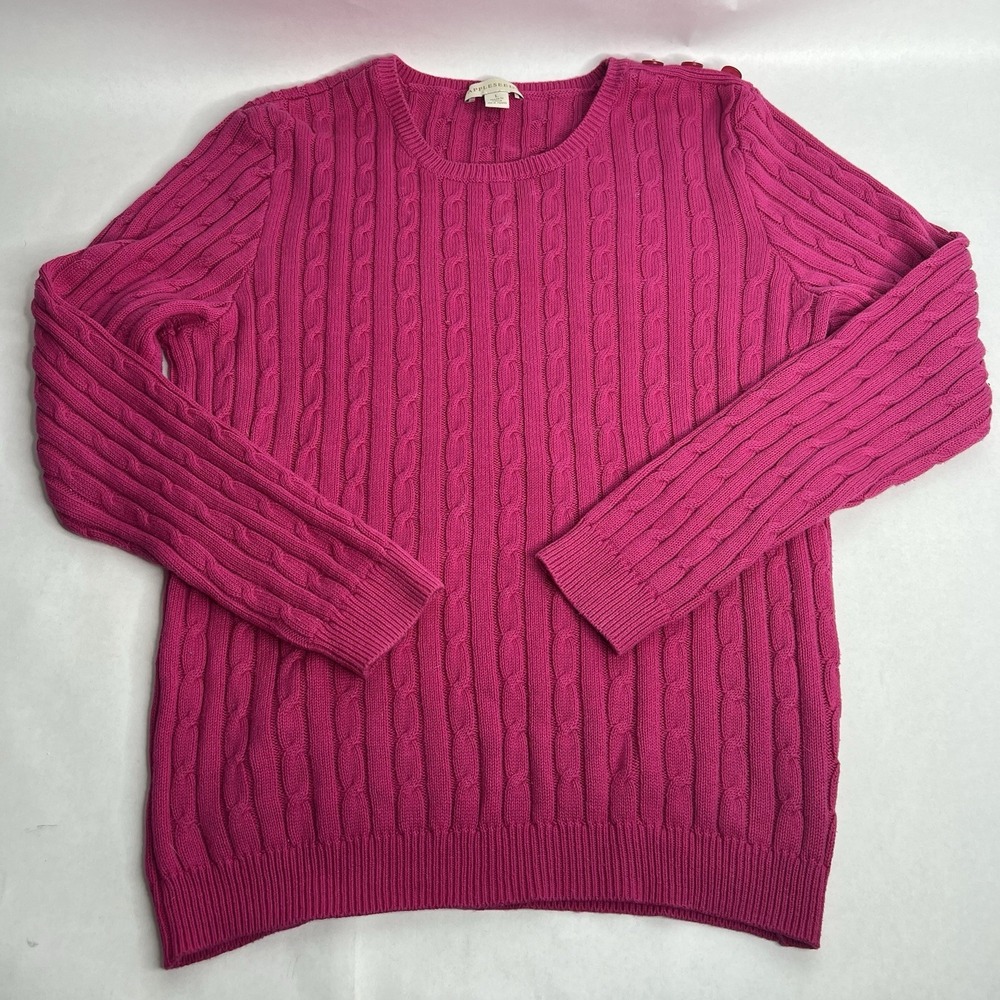 Appleseeds Hot Pink Cable Knit 100% Cotton Sweater Buttons‎ Size L Large Magenta